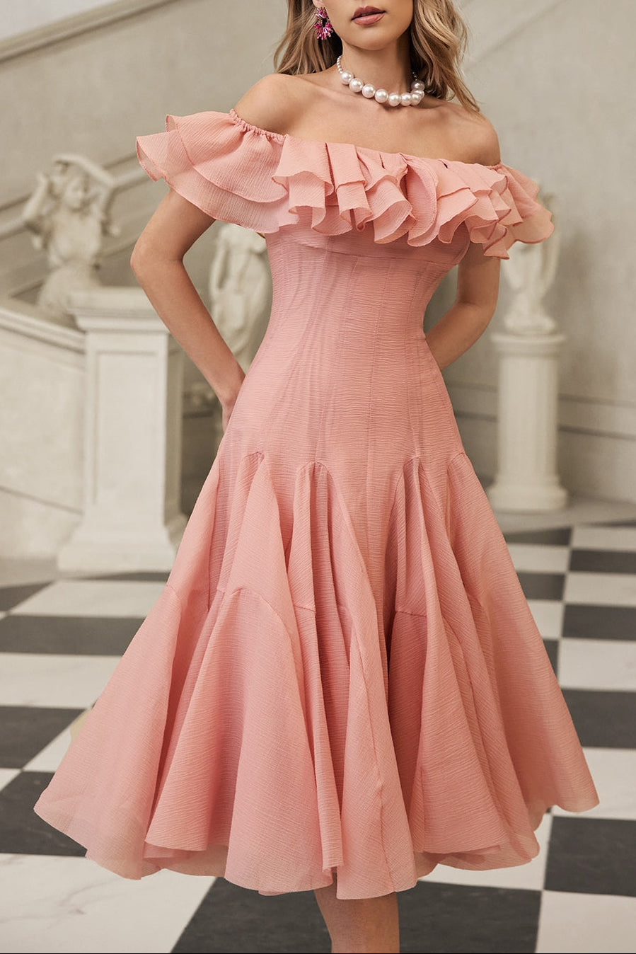 APPHA OFF-SHOULDER RUFFLE MIDI DRESS PINK