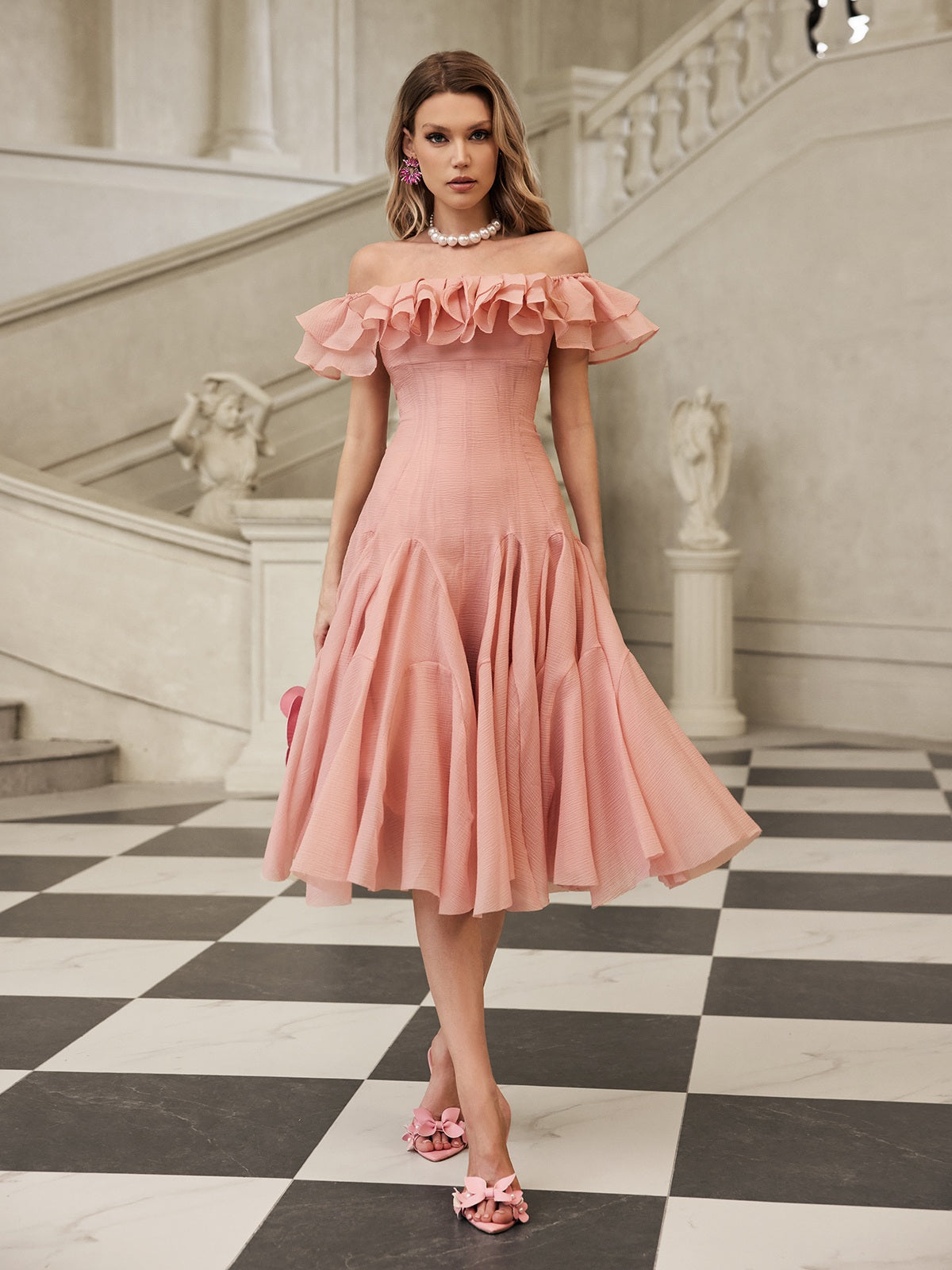 APPHA OFF-SHOULDER RUFFLE MIDI DRESS PINK