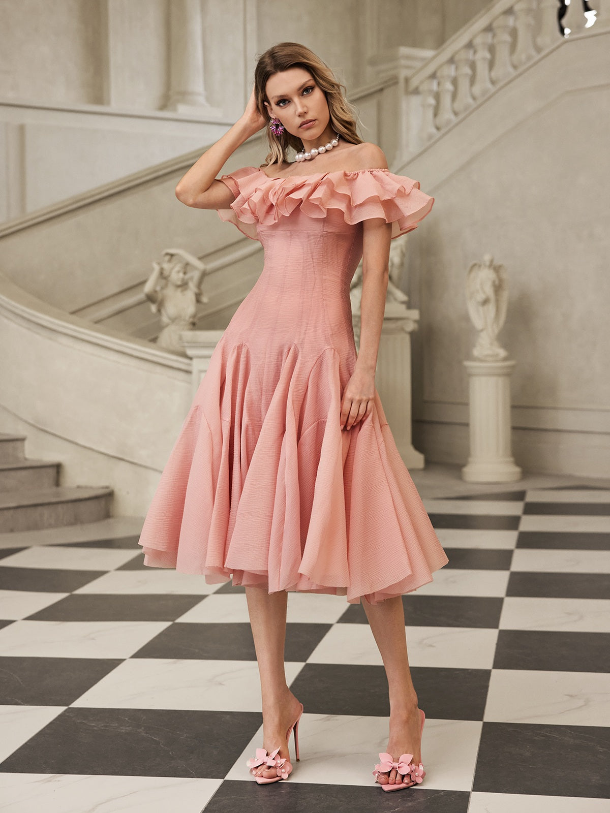 APPHA OFF-SHOULDER RUFFLE MIDI DRESS PINK
