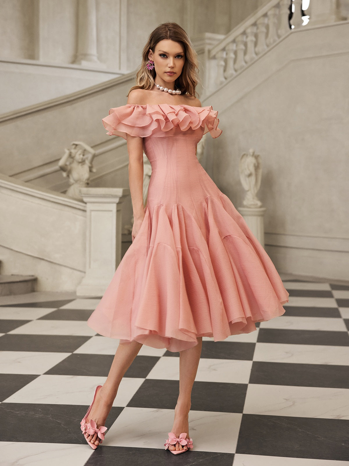 APPHA OFF-SHOULDER RUFFLE MIDI DRESS PINK