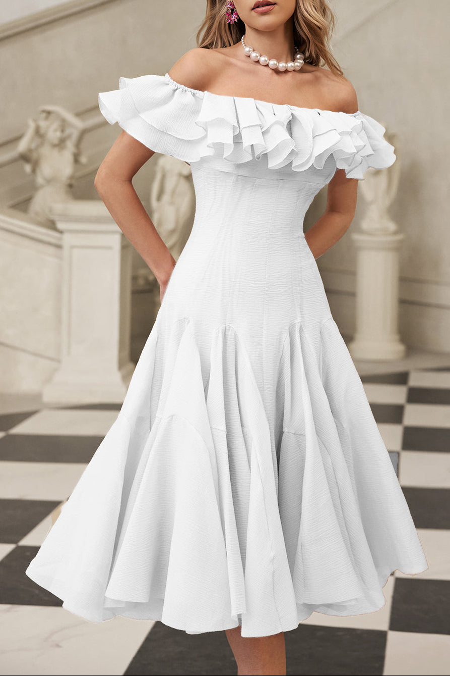 APPHIA OFF-SHOULDER RUFFLE MIDI DRESS WHITE