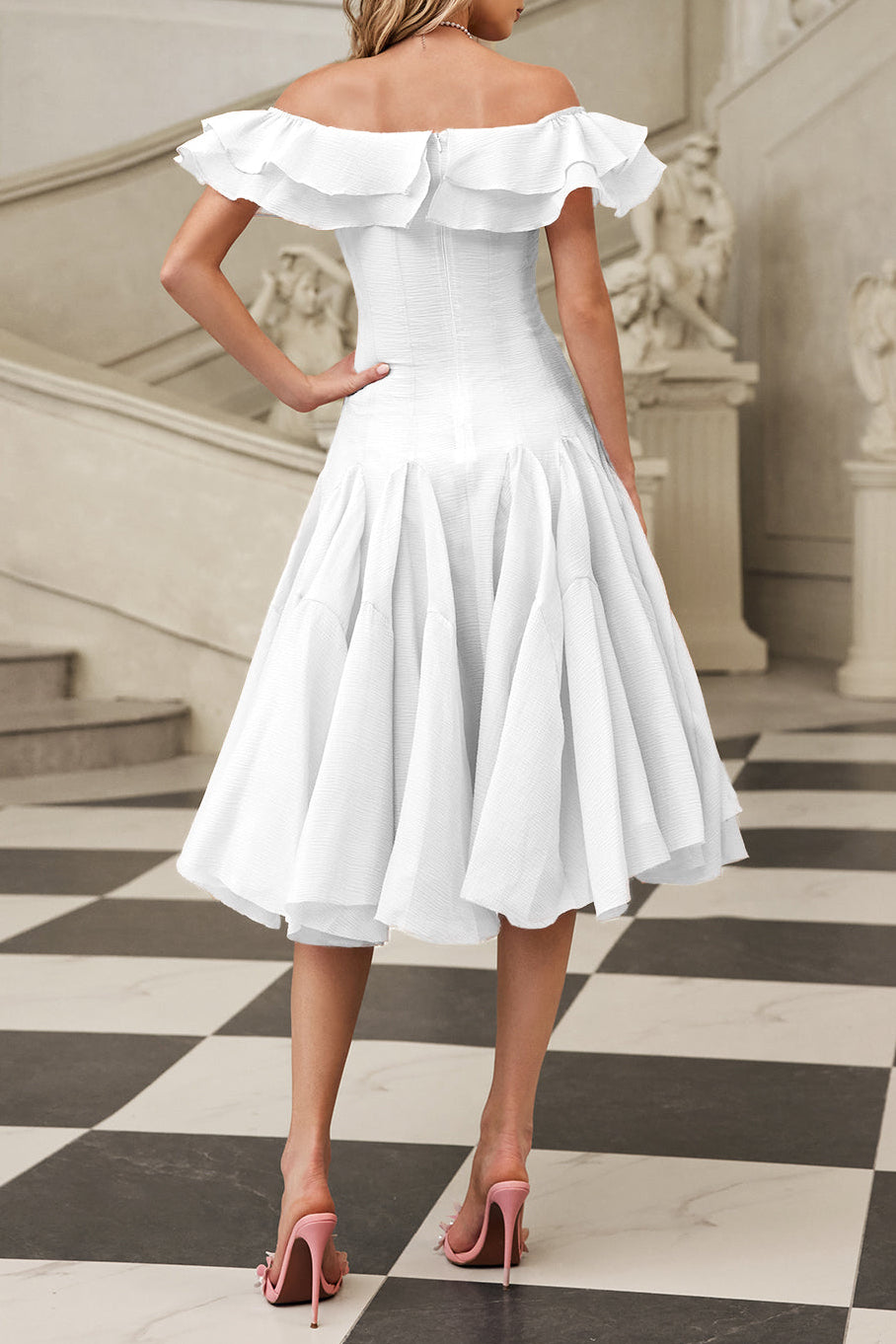 APPHIA OFF-SHOULDER RUFFLE MIDI DRESS WHITE