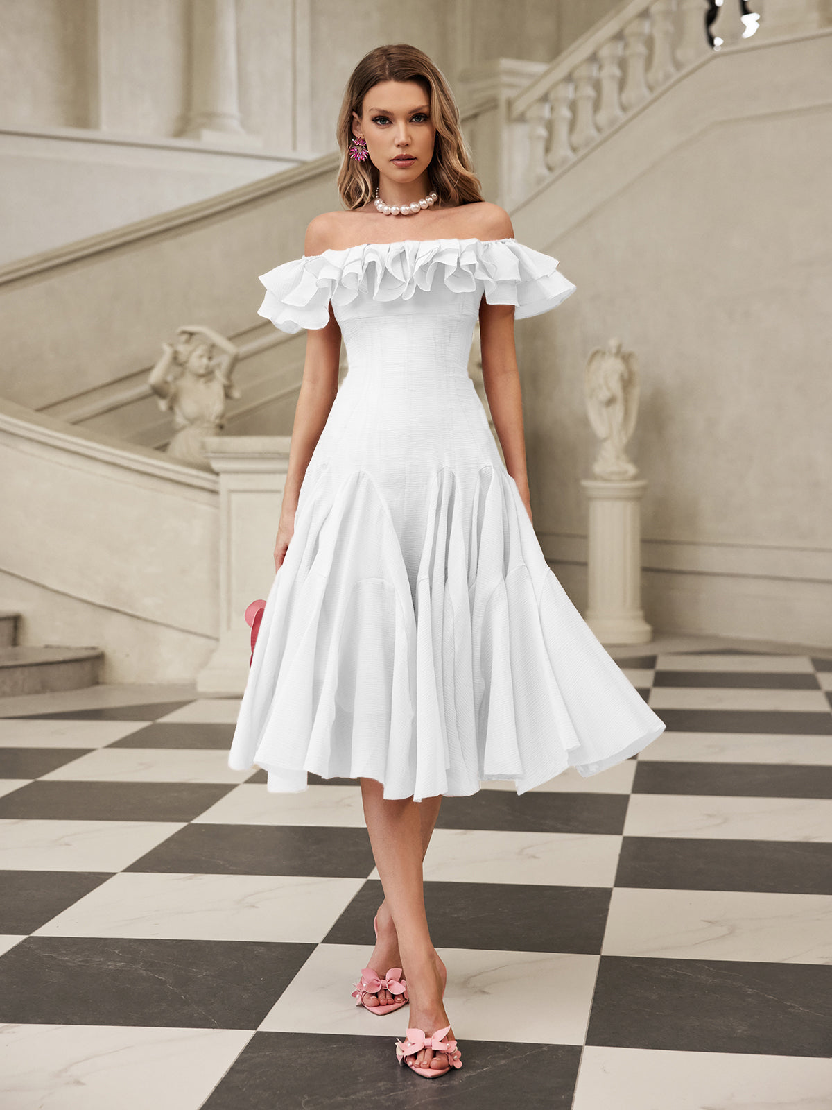 APPHIA OFF-SHOULDER RUFFLE MIDI DRESS WHITE