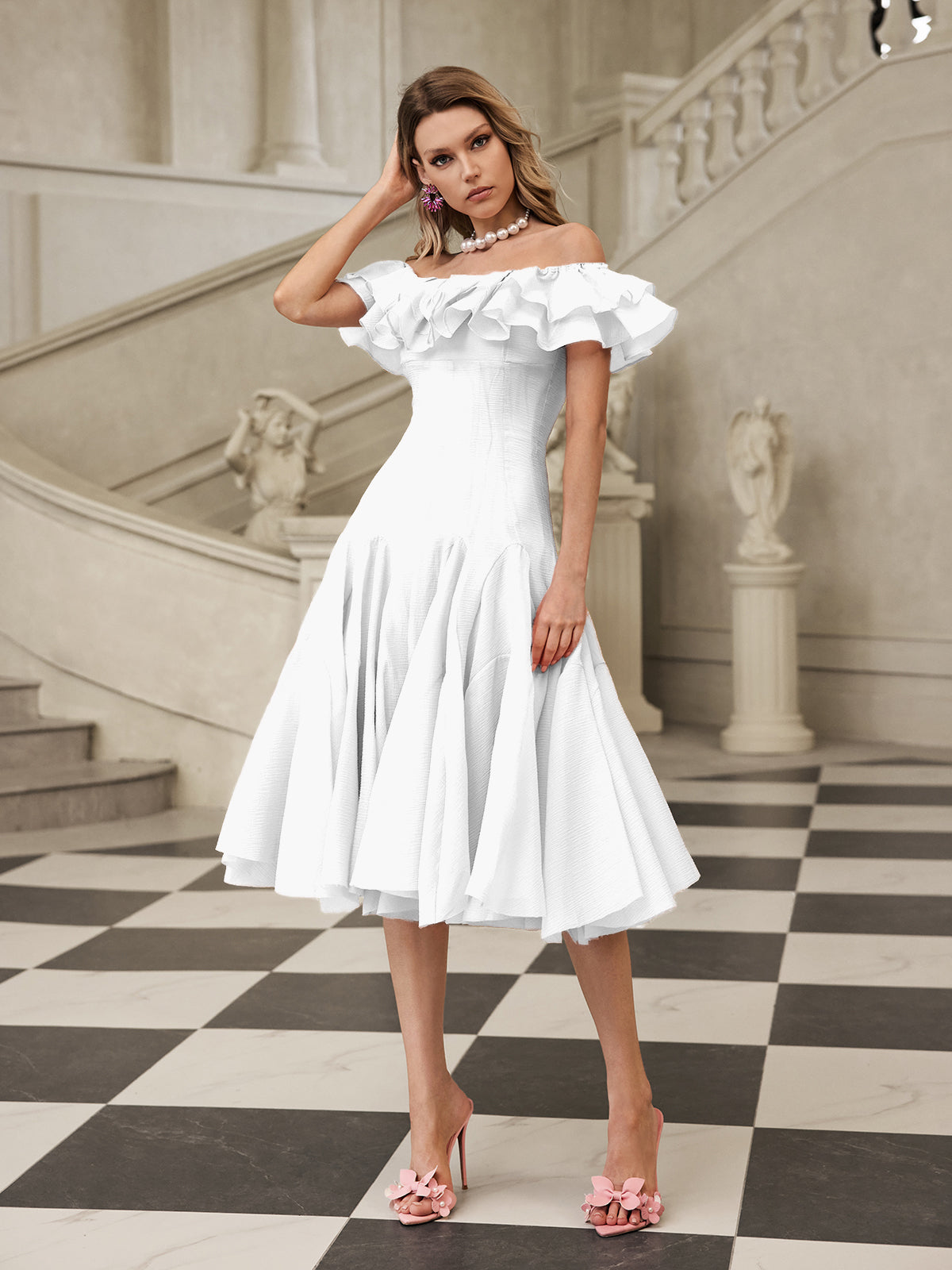 APPHIA OFF-SHOULDER RUFFLE MIDI DRESS WHITE
