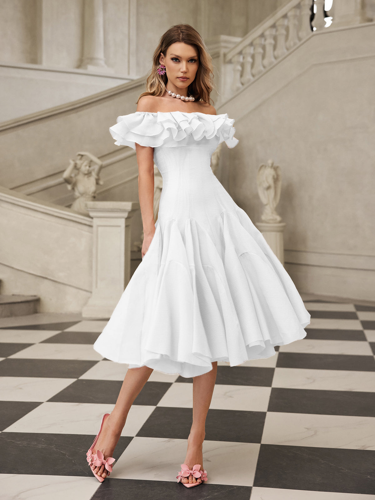APPHIA OFF-SHOULDER RUFFLE MIDI DRESS WHITE