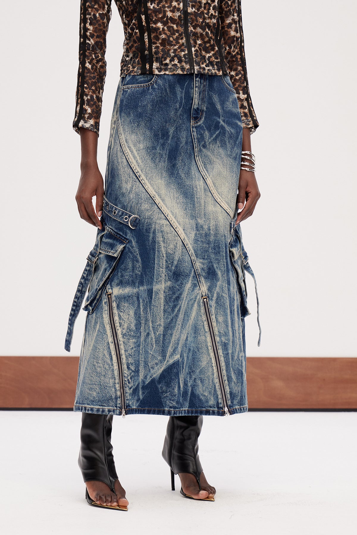 BLEACHED DENIM MAXI SKIRT, DECONSTRUCTED STREETWEAR