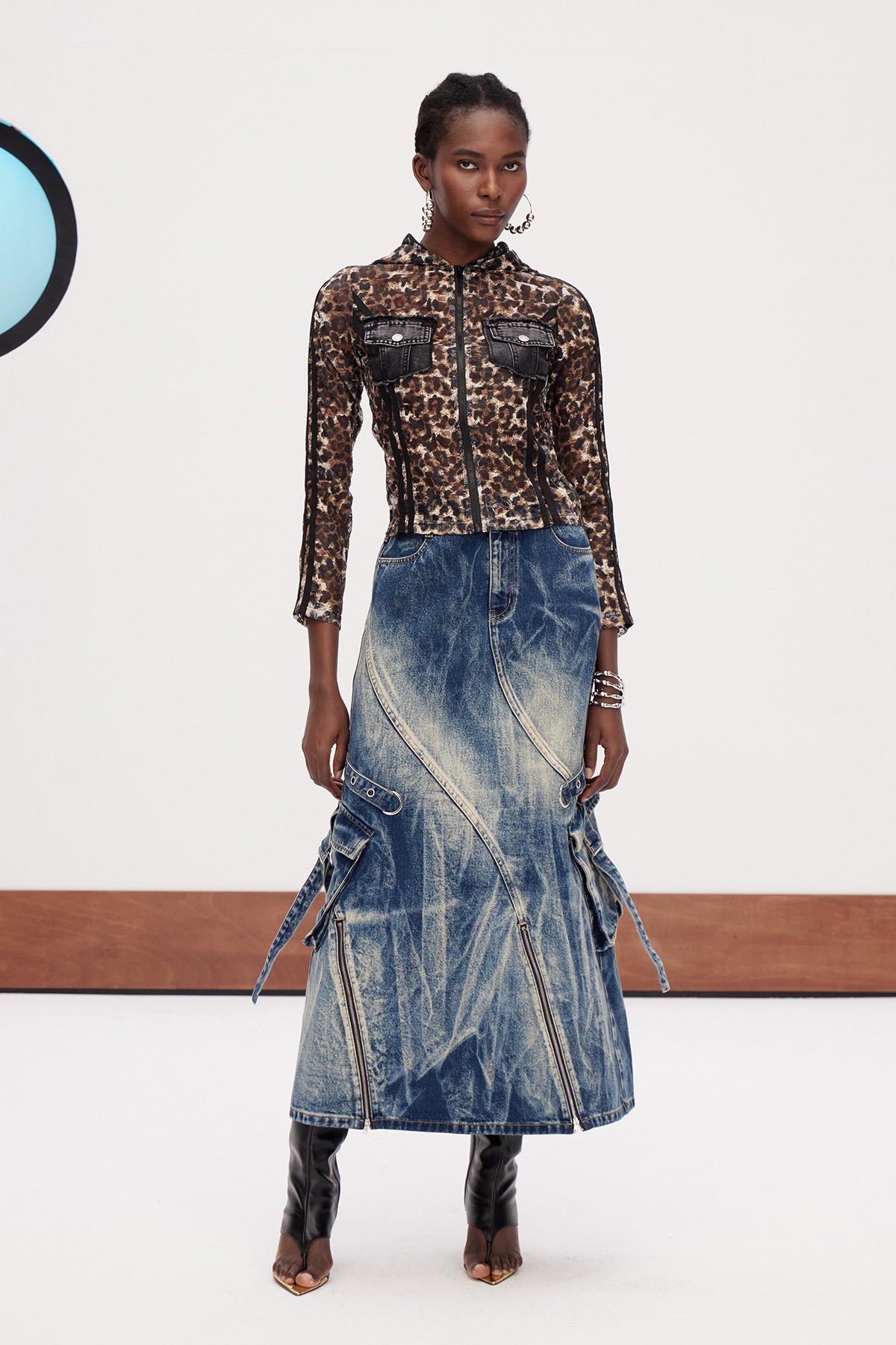 BLEACHED DENIM MAXI SKIRT, DECONSTRUCTED STREETWEAR