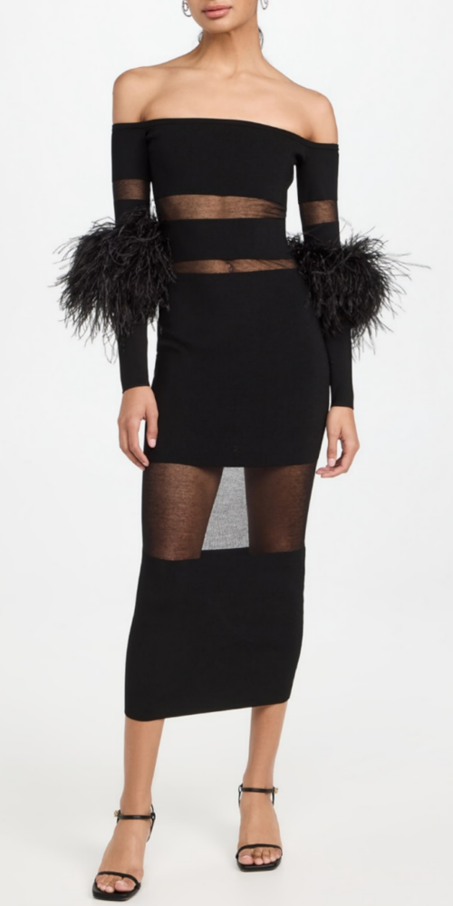 Off Shoulder Feather Mesh Midi Bandage Dress - Black Off Shoulder Feather Mesh Midi Bandage Dress - Black