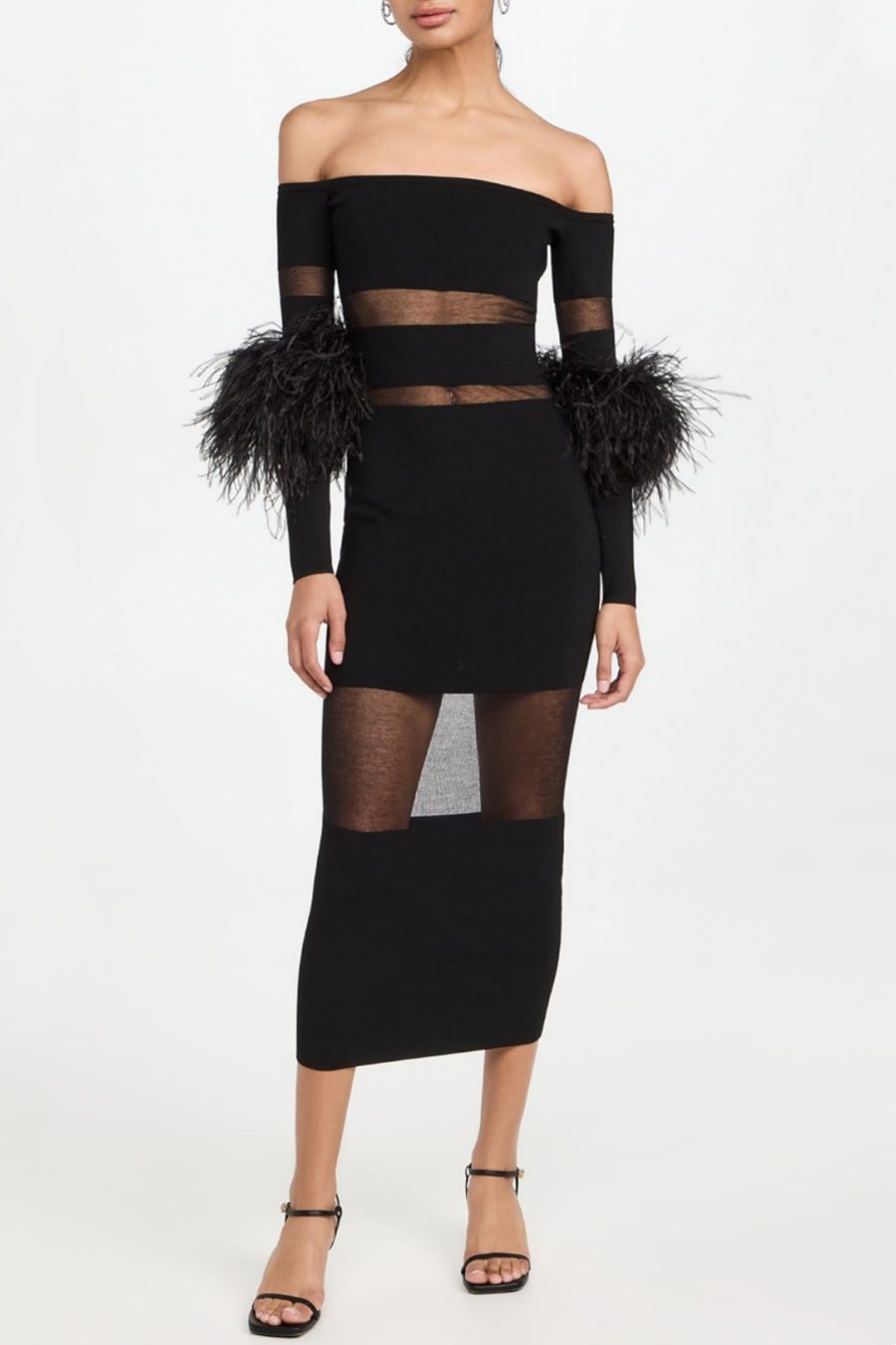 Off Shoulder Feather Mesh Midi Bandage Dress - Black