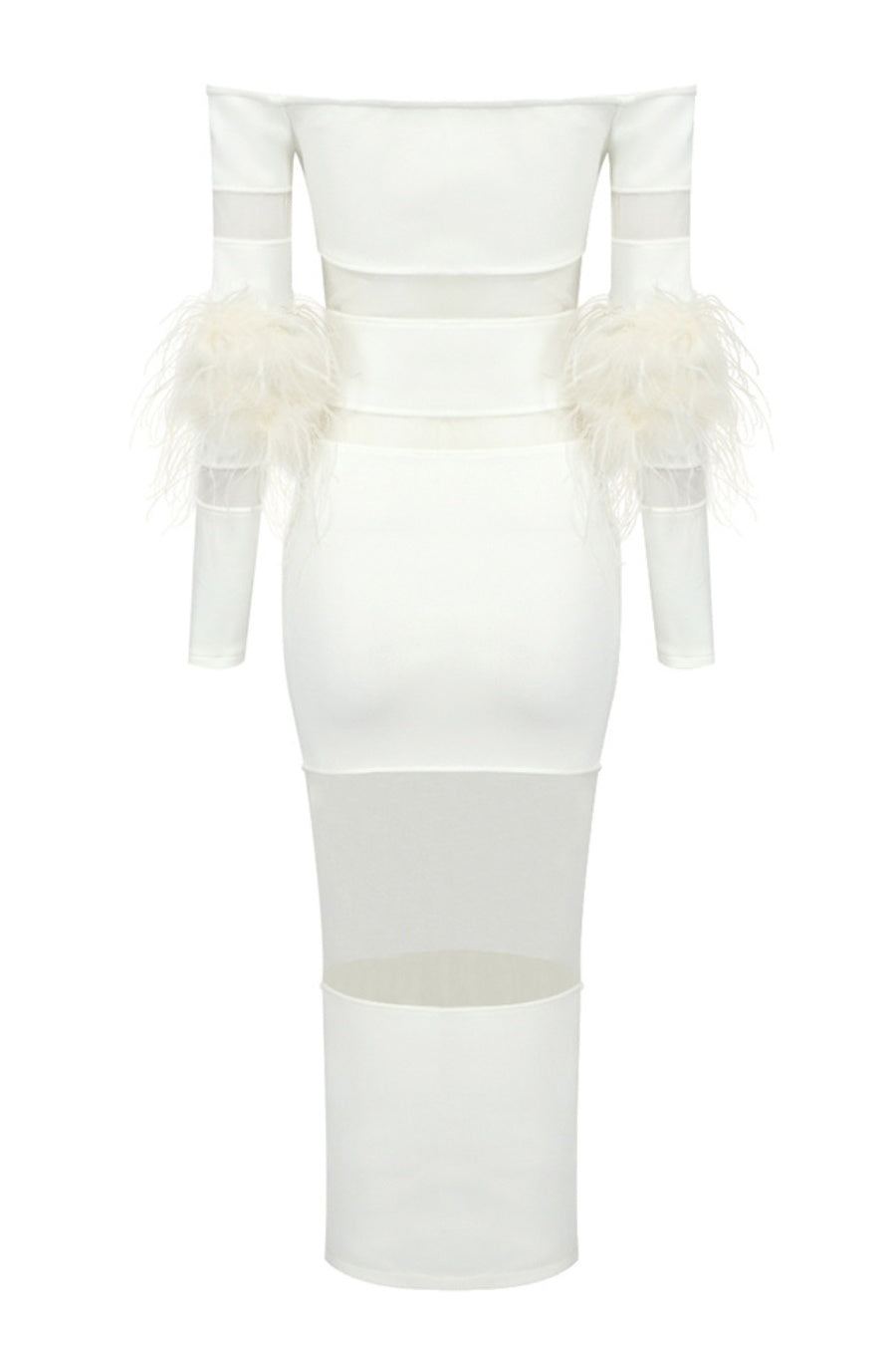 OFF SHOULDER FEATHER MESH MIDI BANDAGE DRESS WHITE