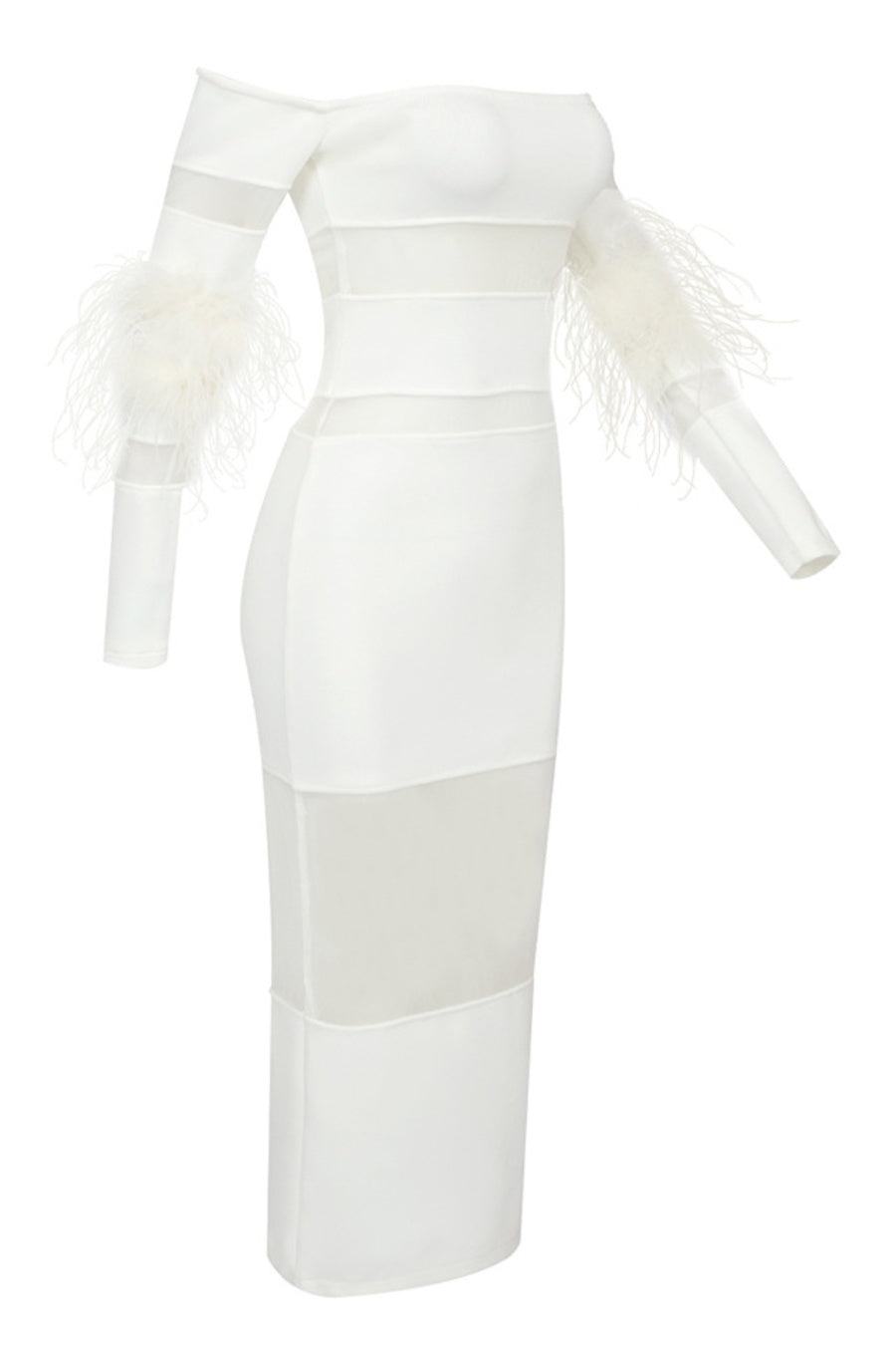 OFF SHOULDER FEATHER MESH MIDI BANDAGE DRESS WHITE