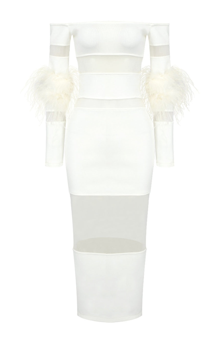 OFF SHOULDER FEATHER MESH MIDI BANDAGE DRESS WHITE
