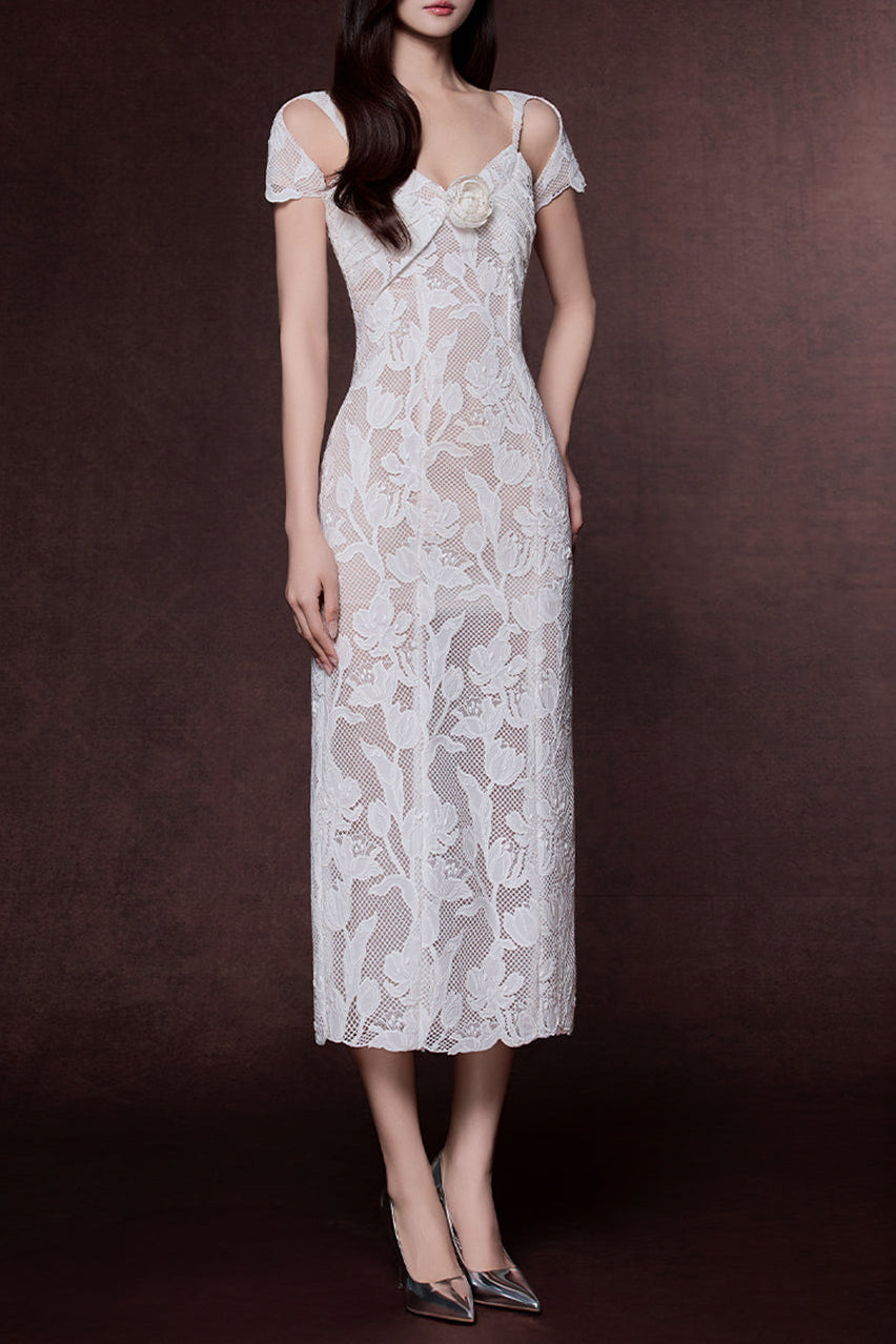 PHOENIX LACE MIDI DRESS, WHITE FLORAL APPLIQUE