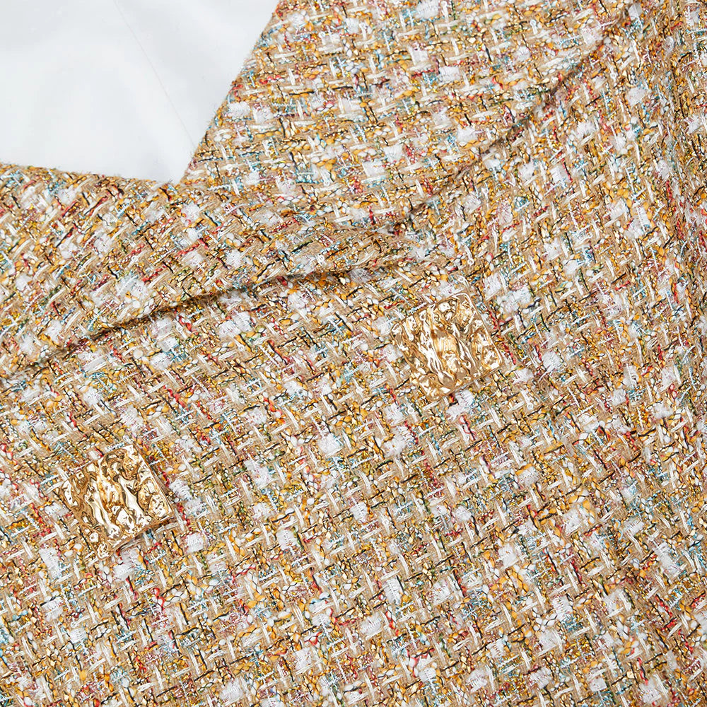 GOLD TINSEL BOUCLE OFF-SHOULDER PARTY MINI DRESS