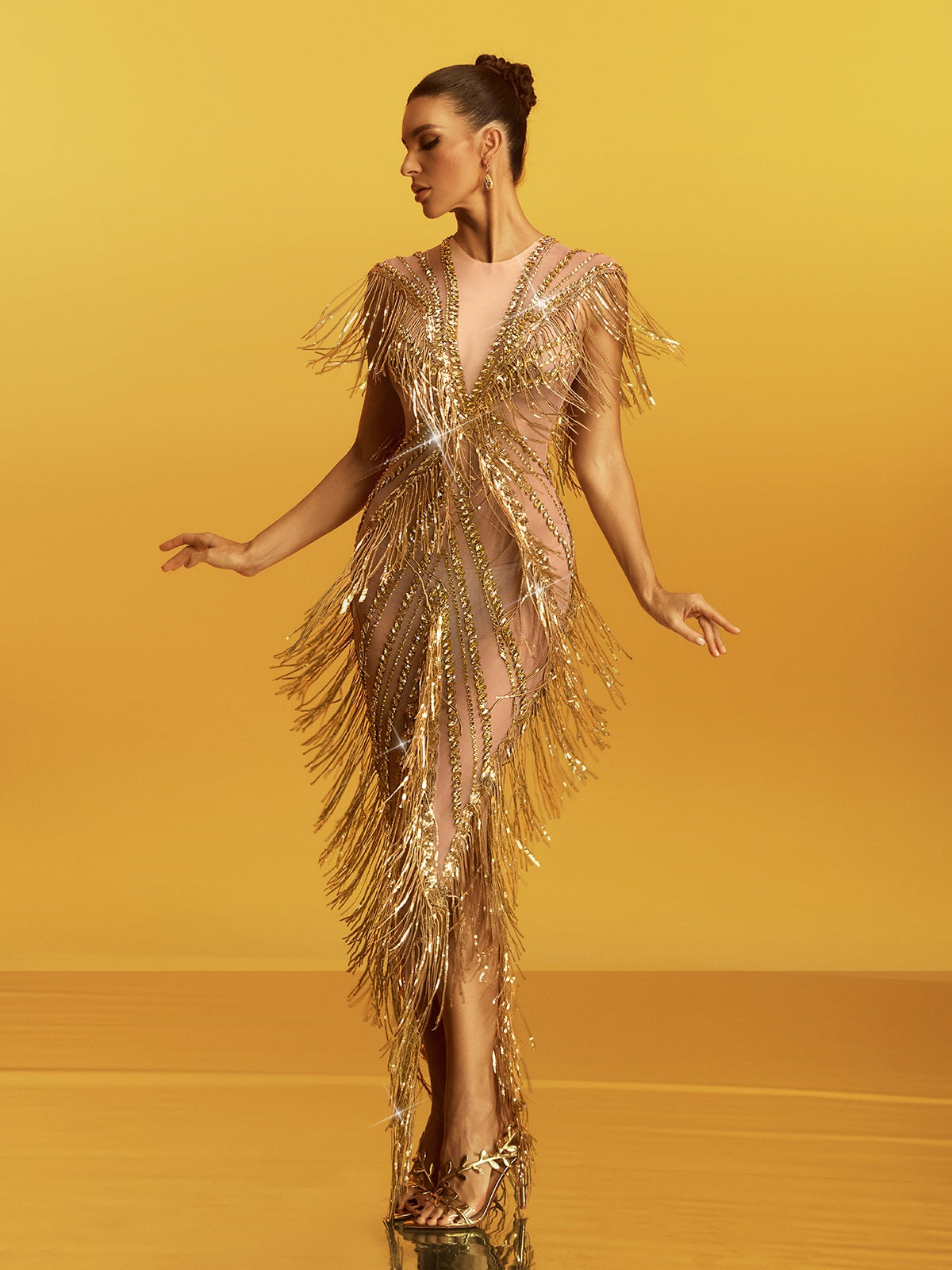 ROBERTA GOLD SEQUIN FRINGE MAXI DRESS