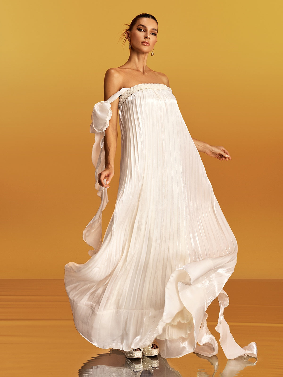 QUINTINA OFF-SHOULDER PLEATED MAXI DRESS APRICOT