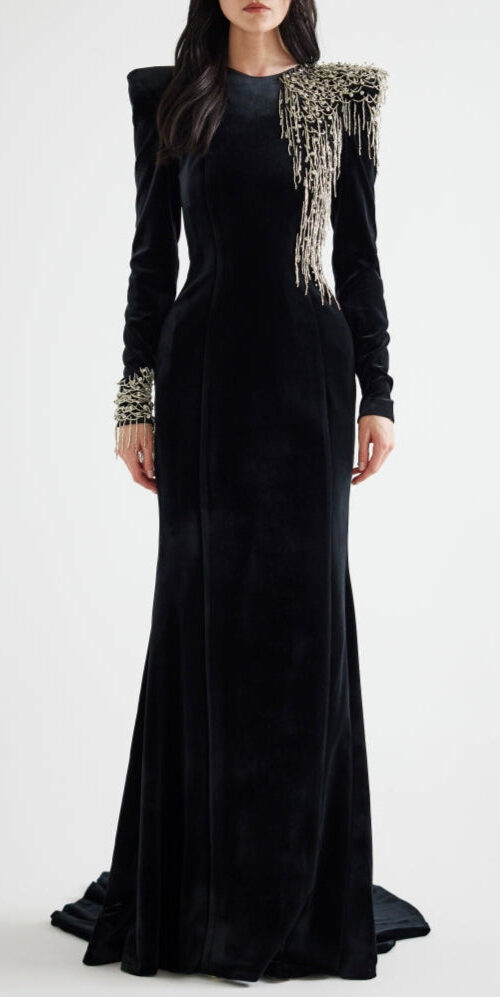 embroidered velvet maxi dress in black embroidered velvet maxi dress in black