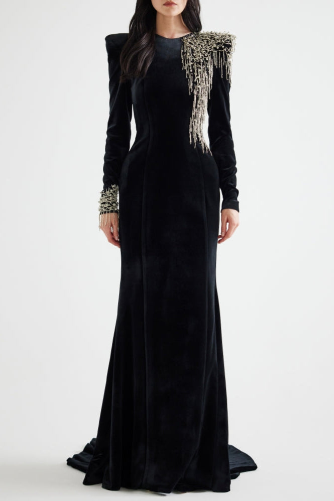 BLACK EMBROIDERED VELVET MAXI DRESS, FORMAL