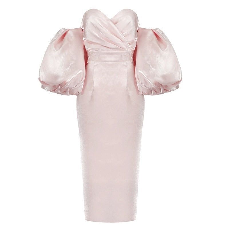 SMILEY PUFF SLEEVE SATIN MIDI DRESS PINK