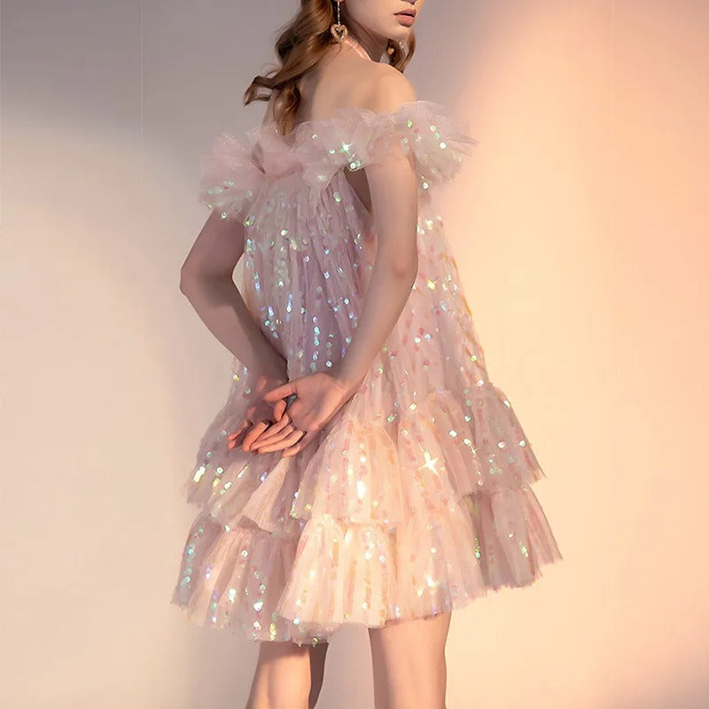 SEQUIN HALTER MINI DRESS IN PINK FOR PARTY