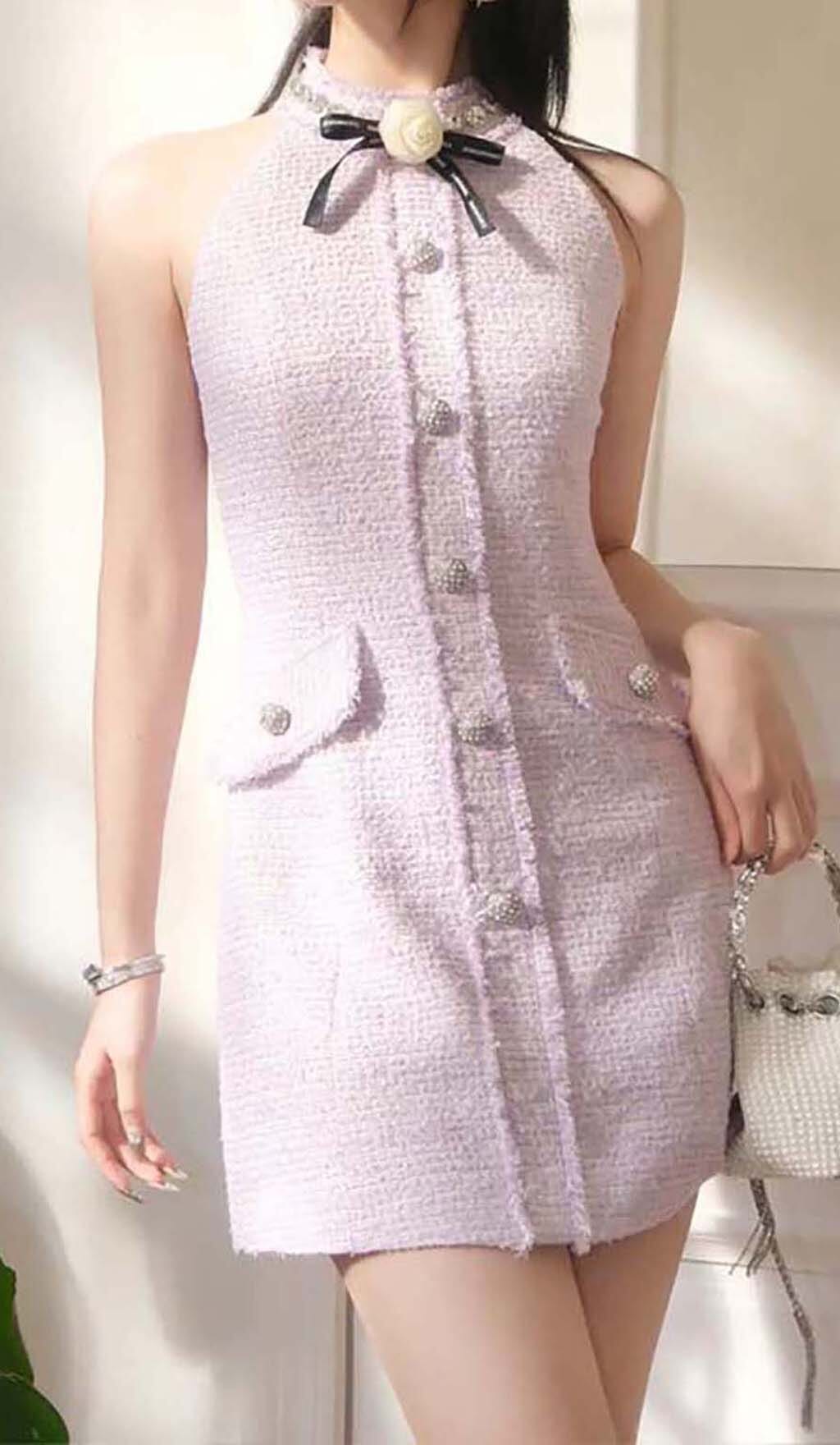 HALTER-BOW-NECK-TWEED-MINI-DRESS-IN-LILAC-3 HALTER BOW TWEED MINI DRESS LILAC COCKTAIL