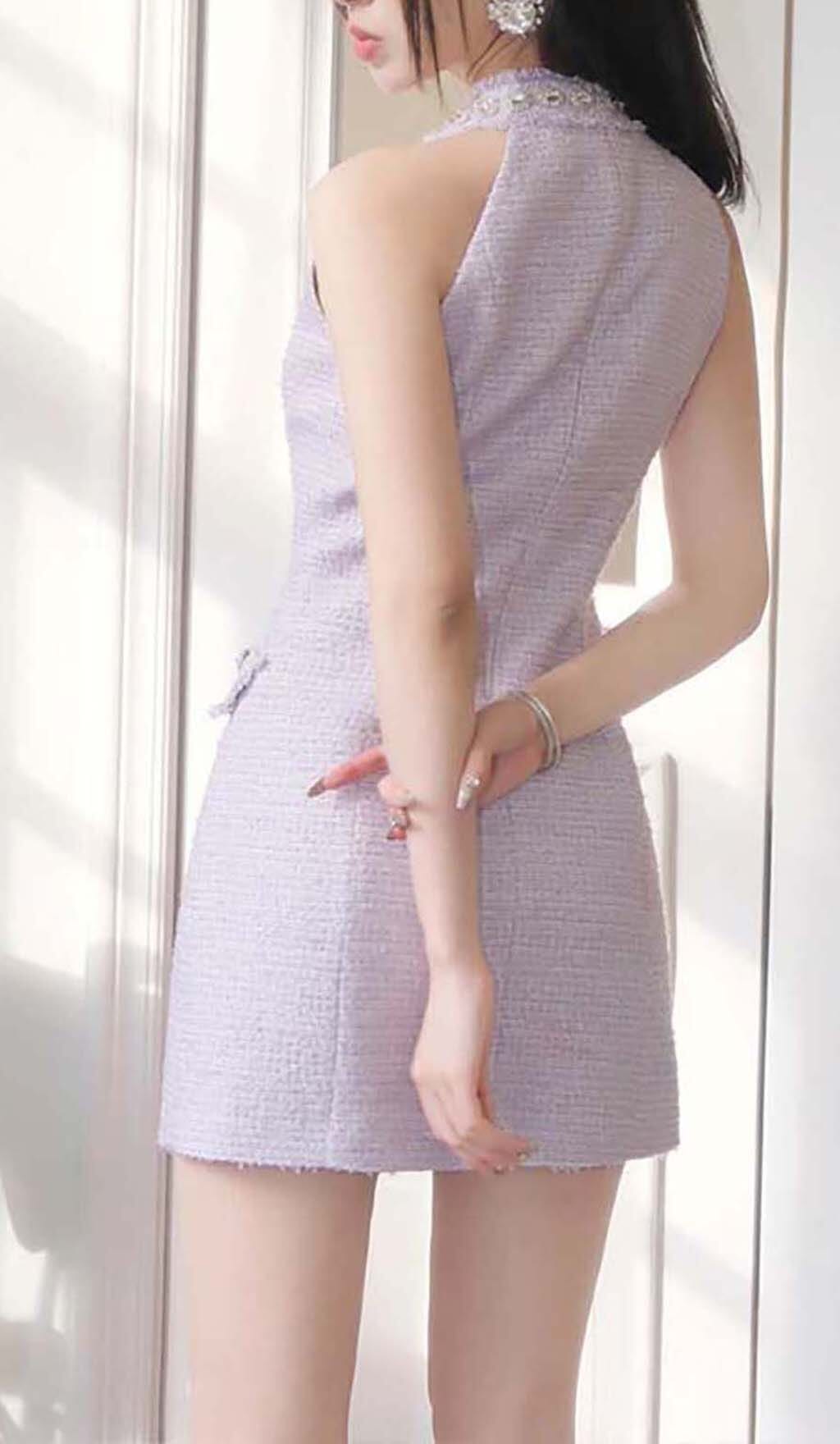 HALTER BOW TWEED MINI DRESS LILAC COCKTAIL