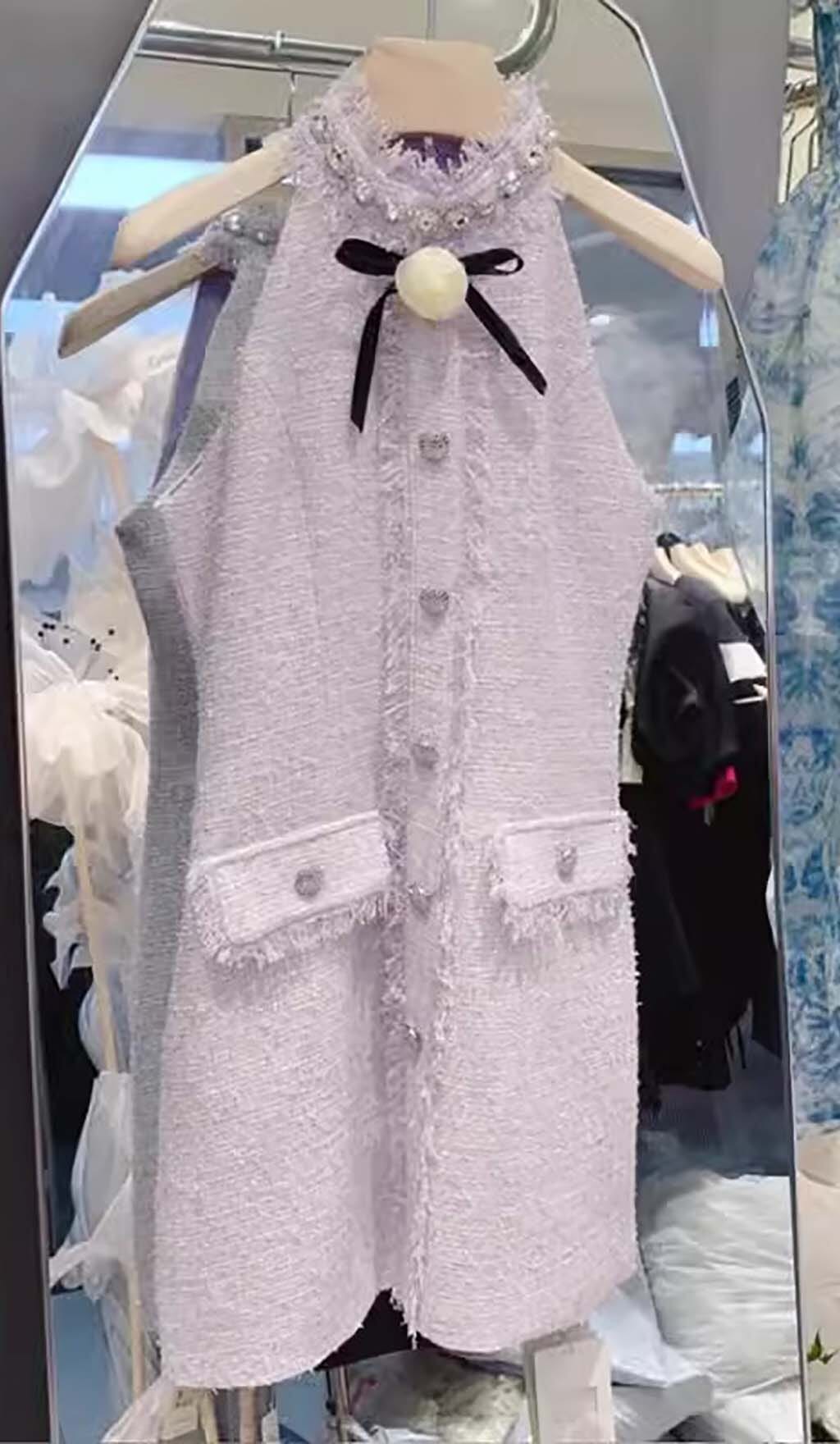 HALTER BOW TWEED MINI DRESS LILAC COCKTAIL