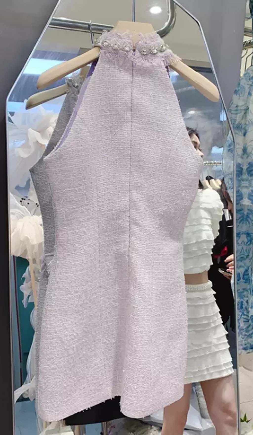 HALTER BOW TWEED MINI DRESS LILAC COCKTAIL