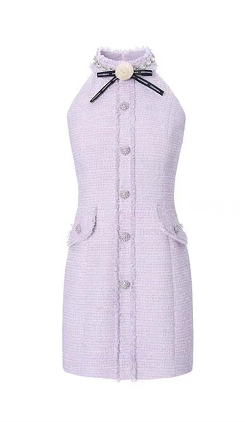 HALTER BOW TWEED MINI DRESS LILAC COCKTAIL