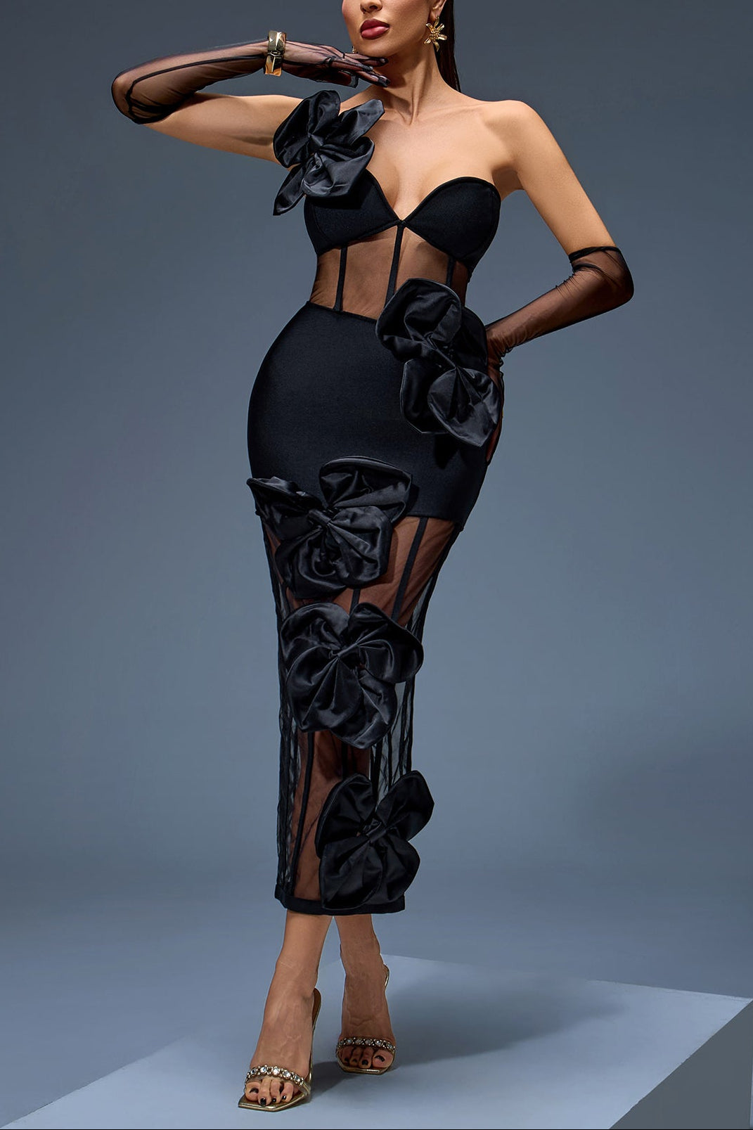 JOANNA ONE-SHOULDER BOW MESH DRESS BLACK