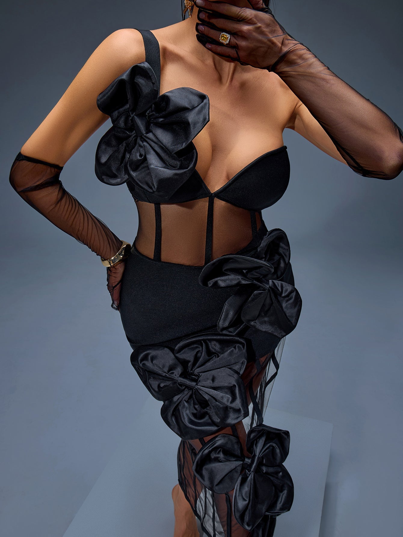 JOANNA ONE-SHOULDER BOW MESH DRESS BLACK
