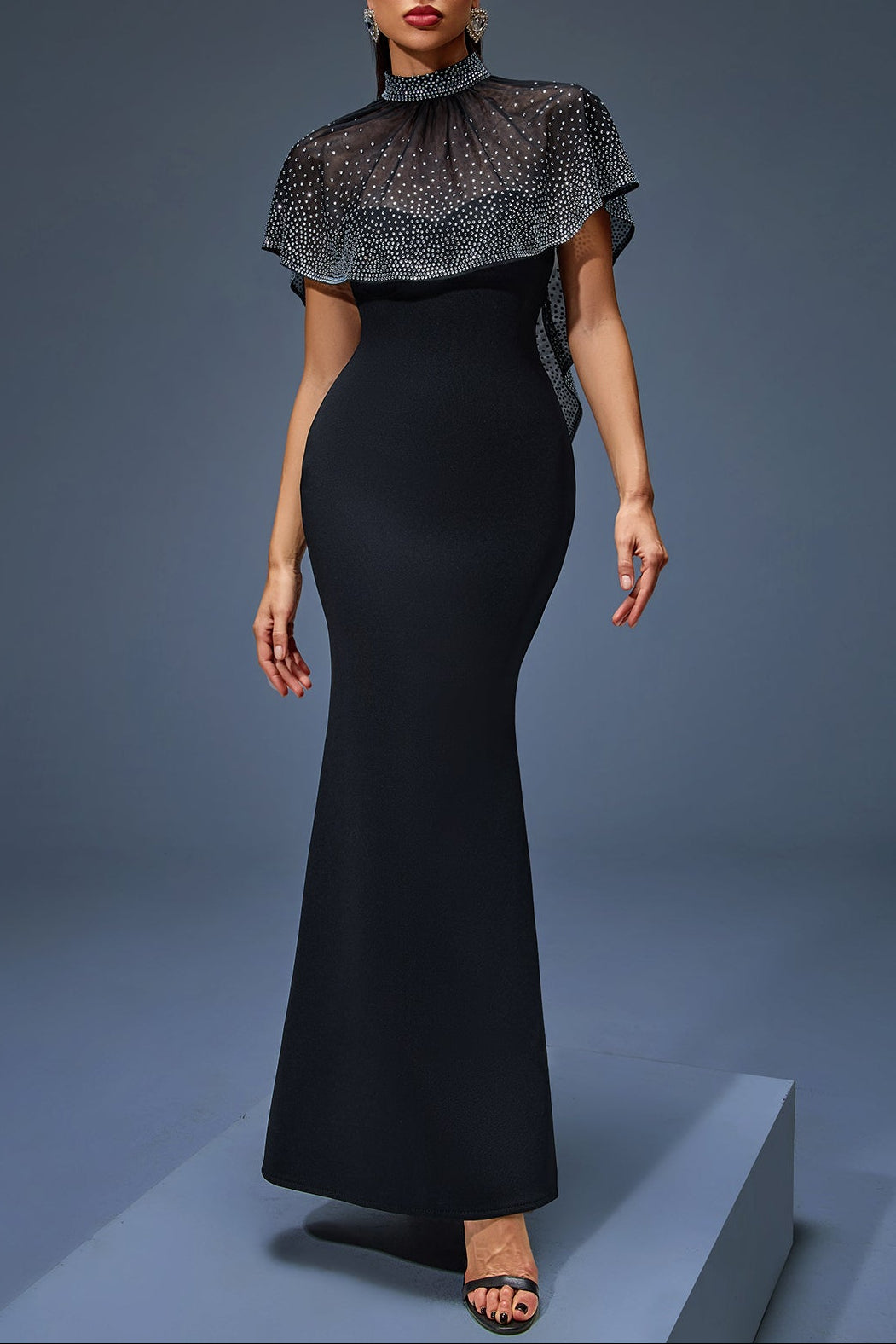 IRIS BEADED TULLE CAPE MAXI DRESS, BLACK