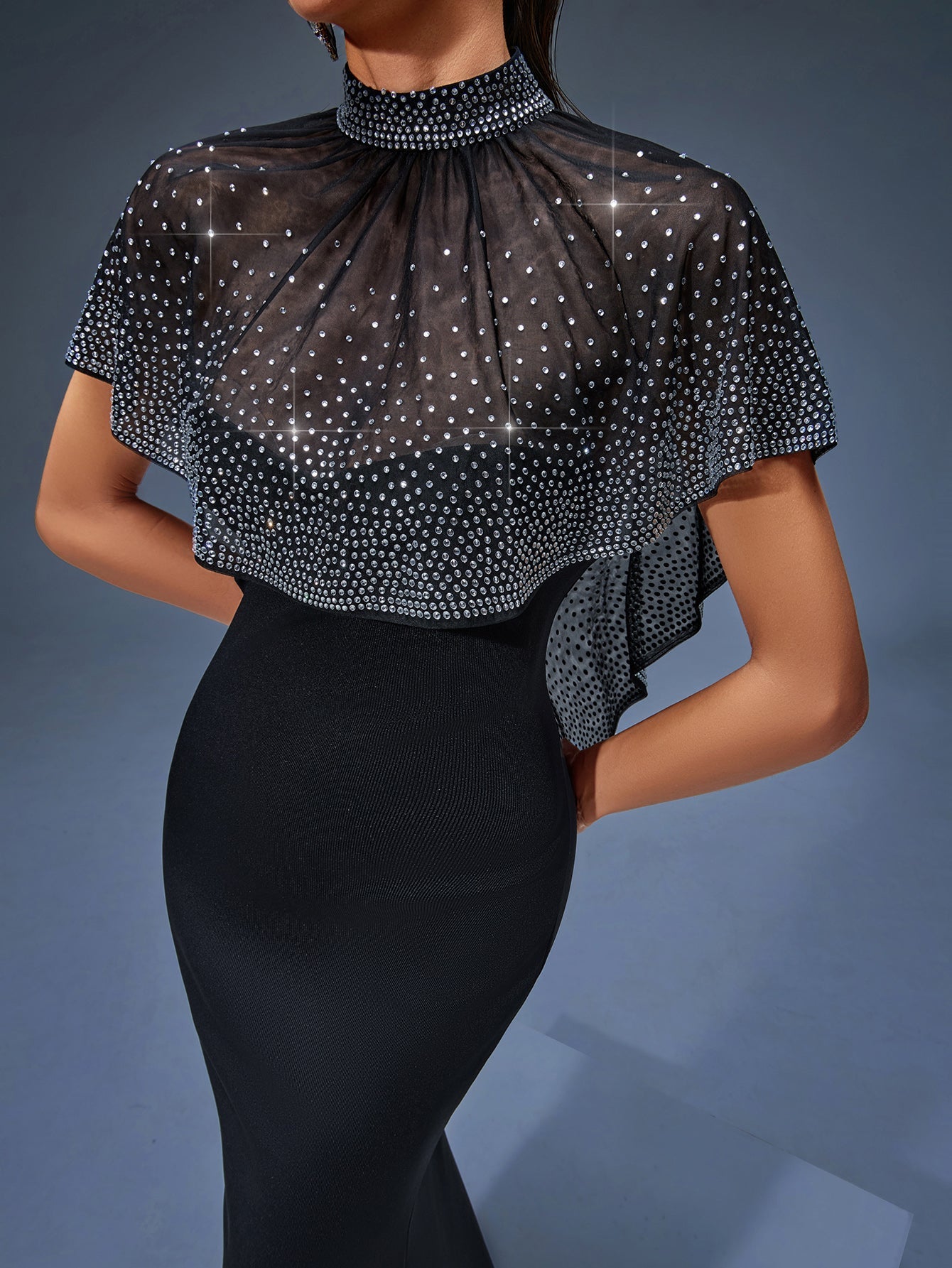 IRIS BEADED TULLE CAPE MAXI DRESS, BLACK