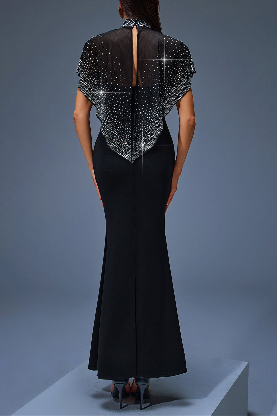 IRIS BEADED TULLE CAPE MAXI DRESS, BLACK