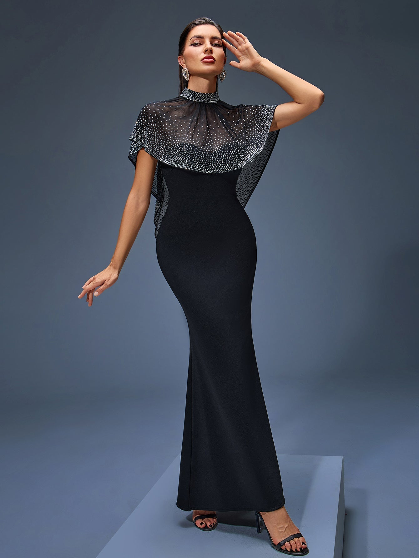 IRIS BEADED TULLE CAPE MAXI DRESS, BLACK
