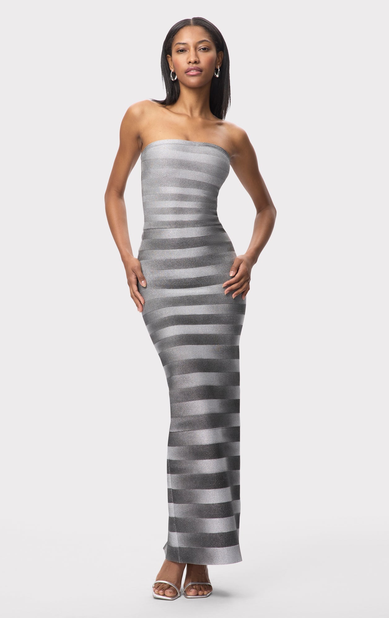 SILVER BANDAGE MAXI DRESS, BLING STRIPES, COCKTAIL PARTY