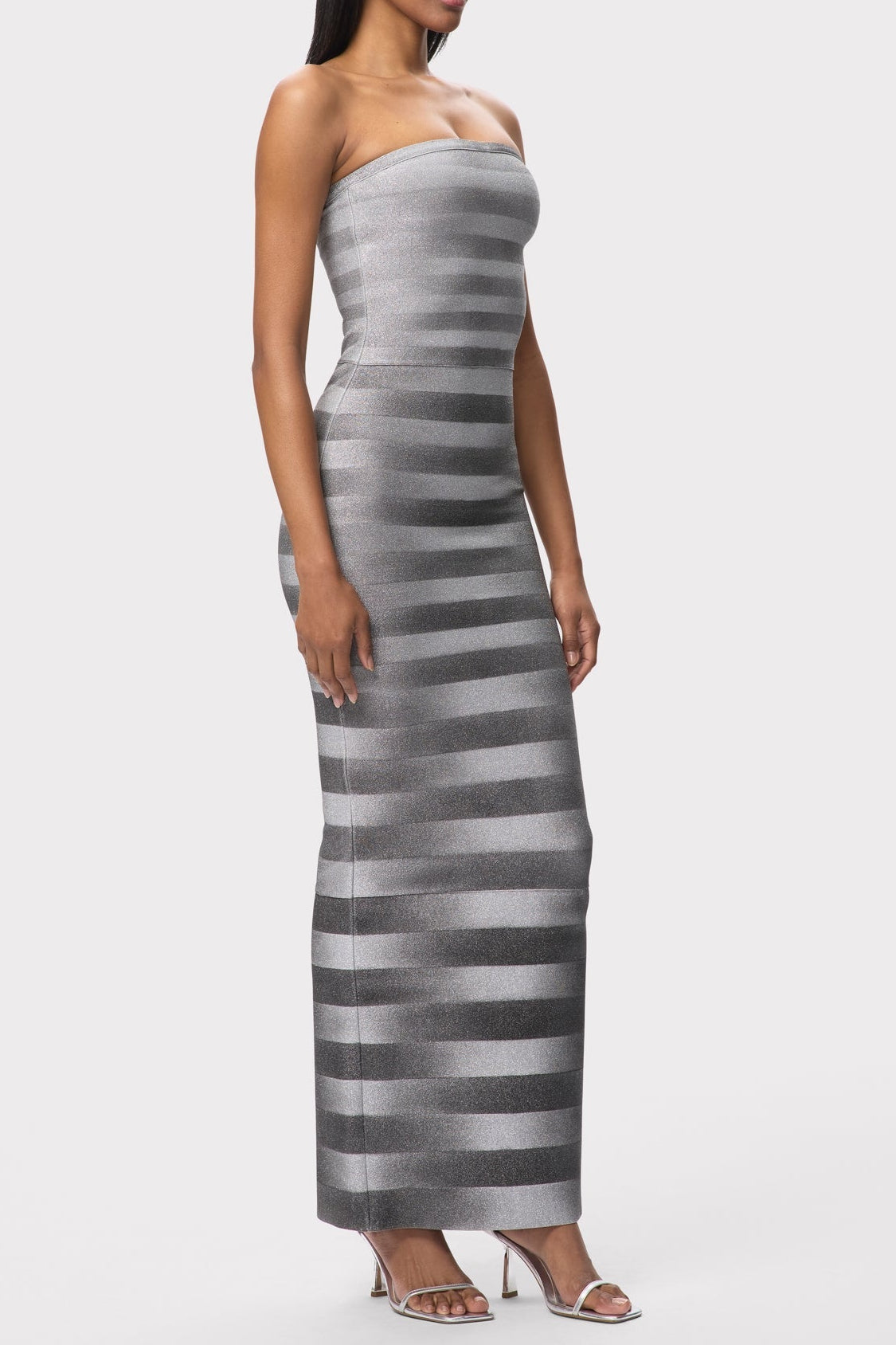 SILVER BANDAGE MAXI DRESS, BLING STRIPES, COCKTAIL PARTY