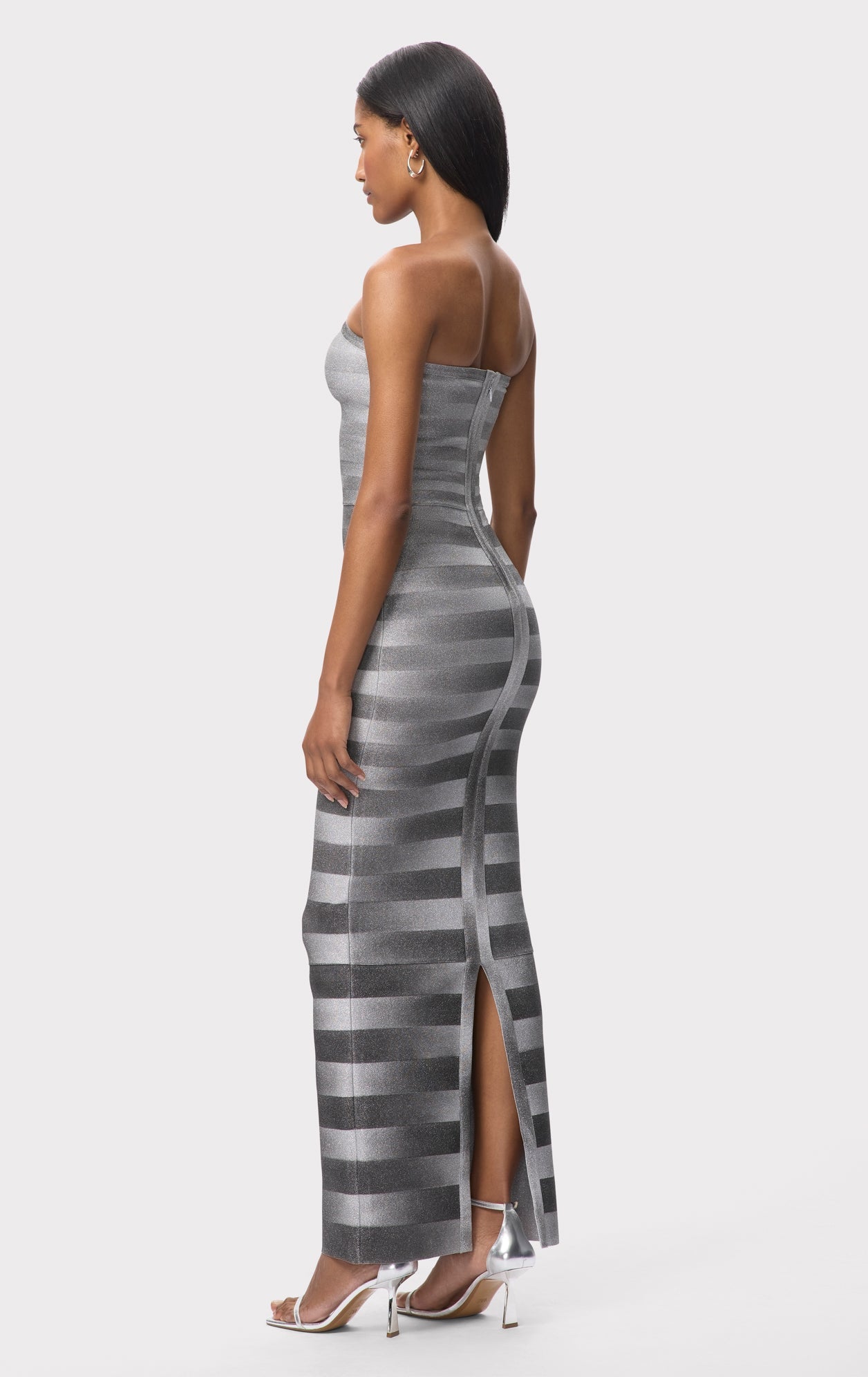 SILVER BANDAGE MAXI DRESS, BLING STRIPES, COCKTAIL PARTY