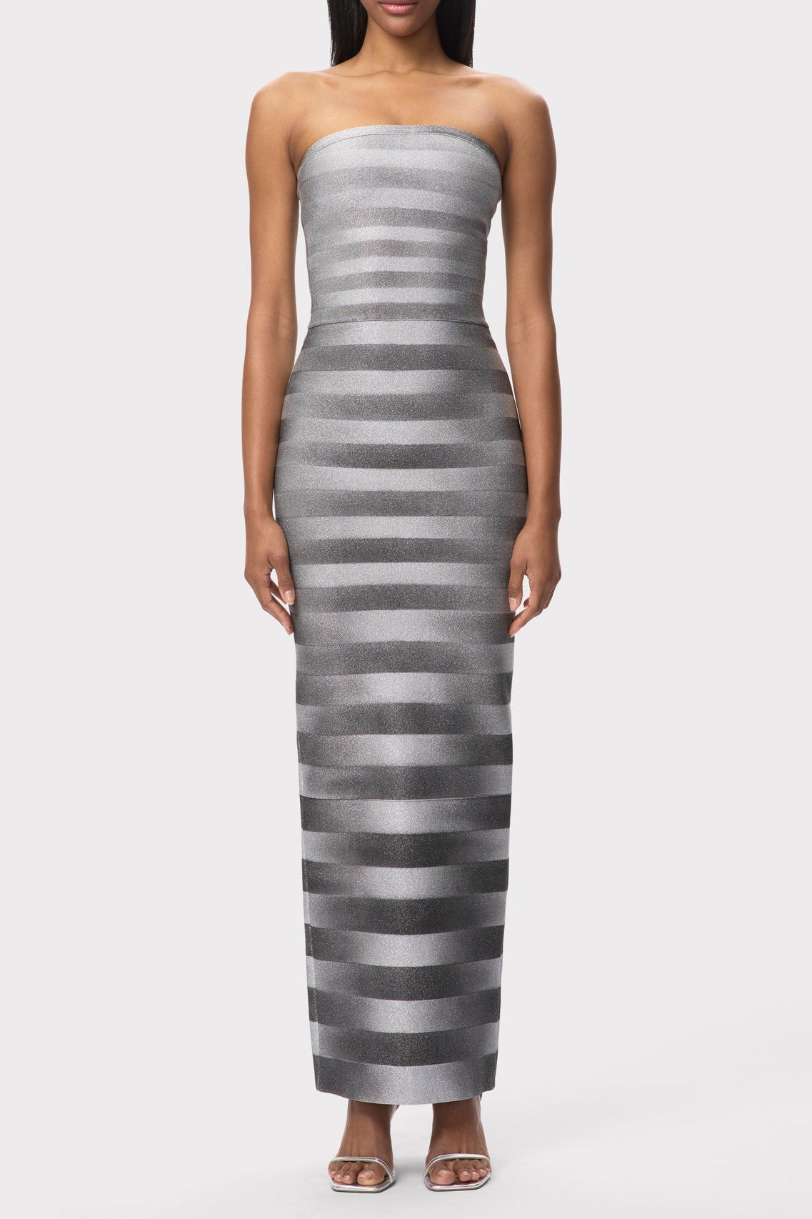 HLO8551221-968 SILVER BANDAGE MAXI DRESS, BLING STRIPES, COCKTAIL PARTY