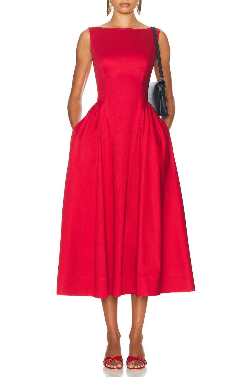 HLSA-WD100_V1_1 STRETCH COTTON SATEEN MIDI DRESS RED