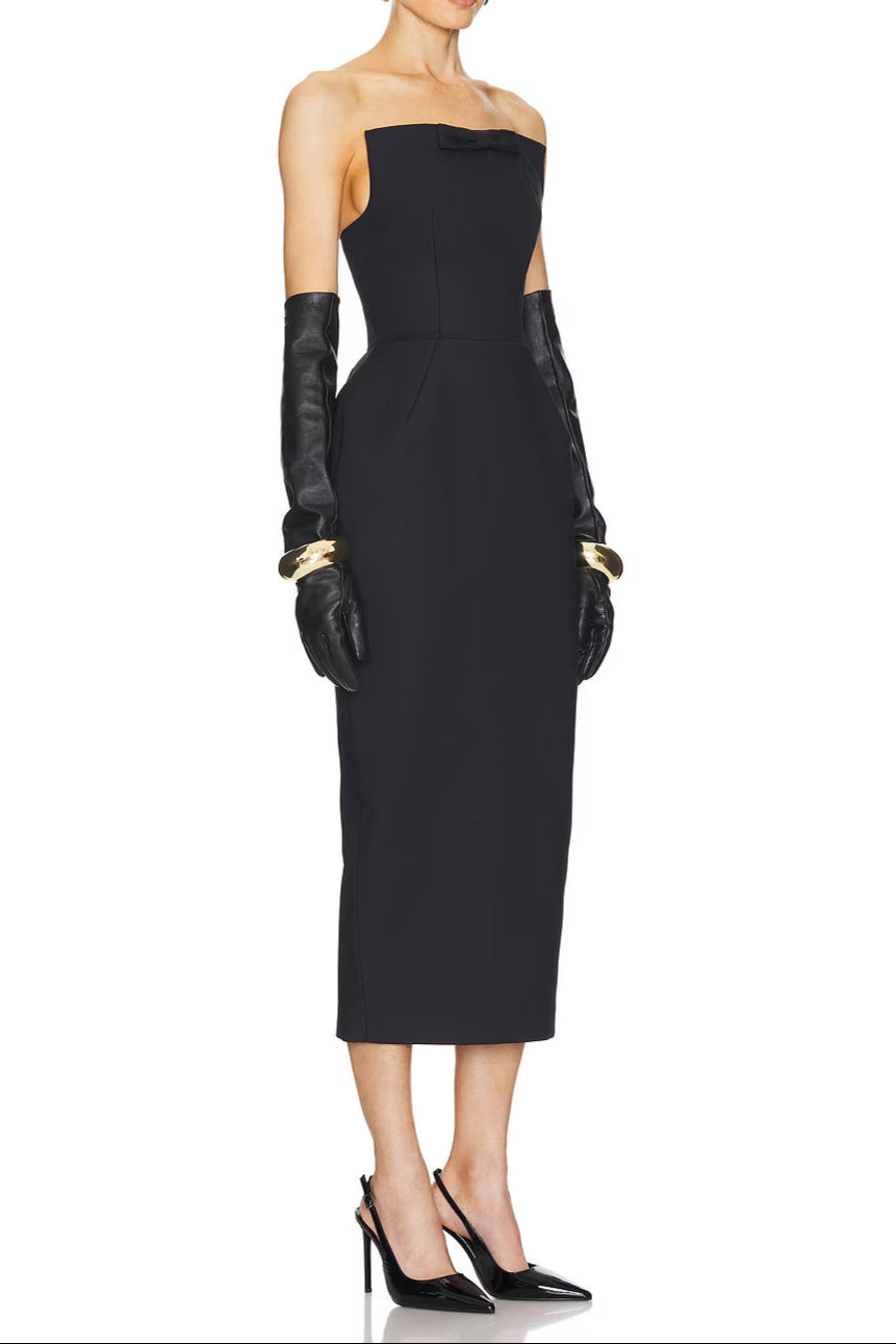 HLSA-WD113_V2 OBOZH BLACK STRAPLESS BOW MAXI DRESS