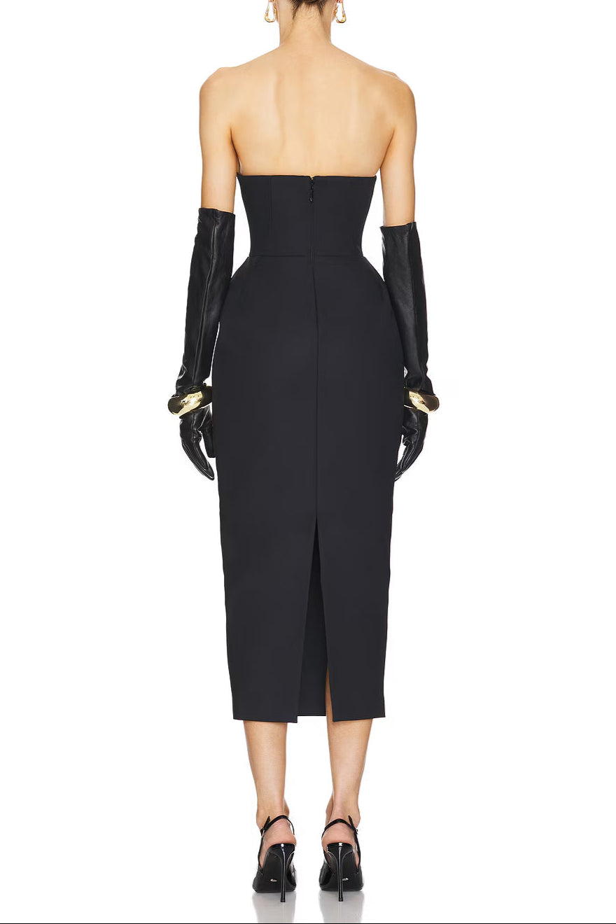 HLSA-WD113_V3 OBOZH BLACK STRAPLESS BOW MAXI DRESS