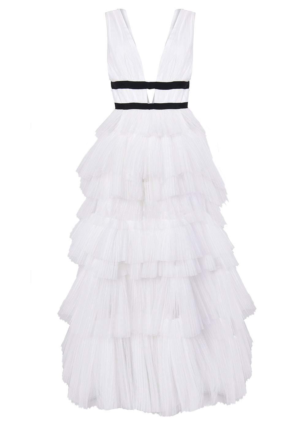 ELIZA WHITE PLUNGING NECK TULLE MAXI DRESS