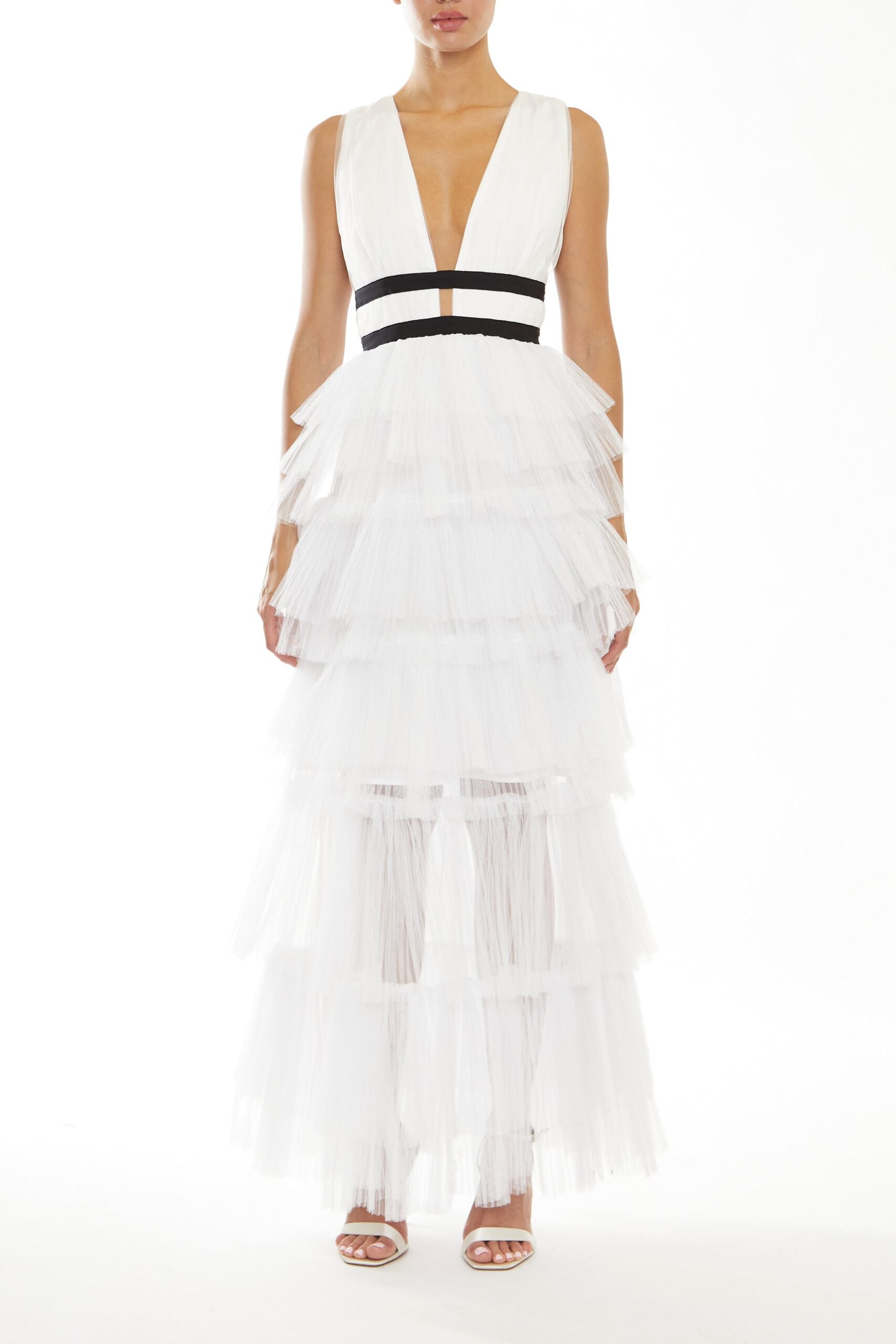 HS0457_WHITE_01 ELIZA WHITE PLUNGING NECK TULLE MAXI DRESS