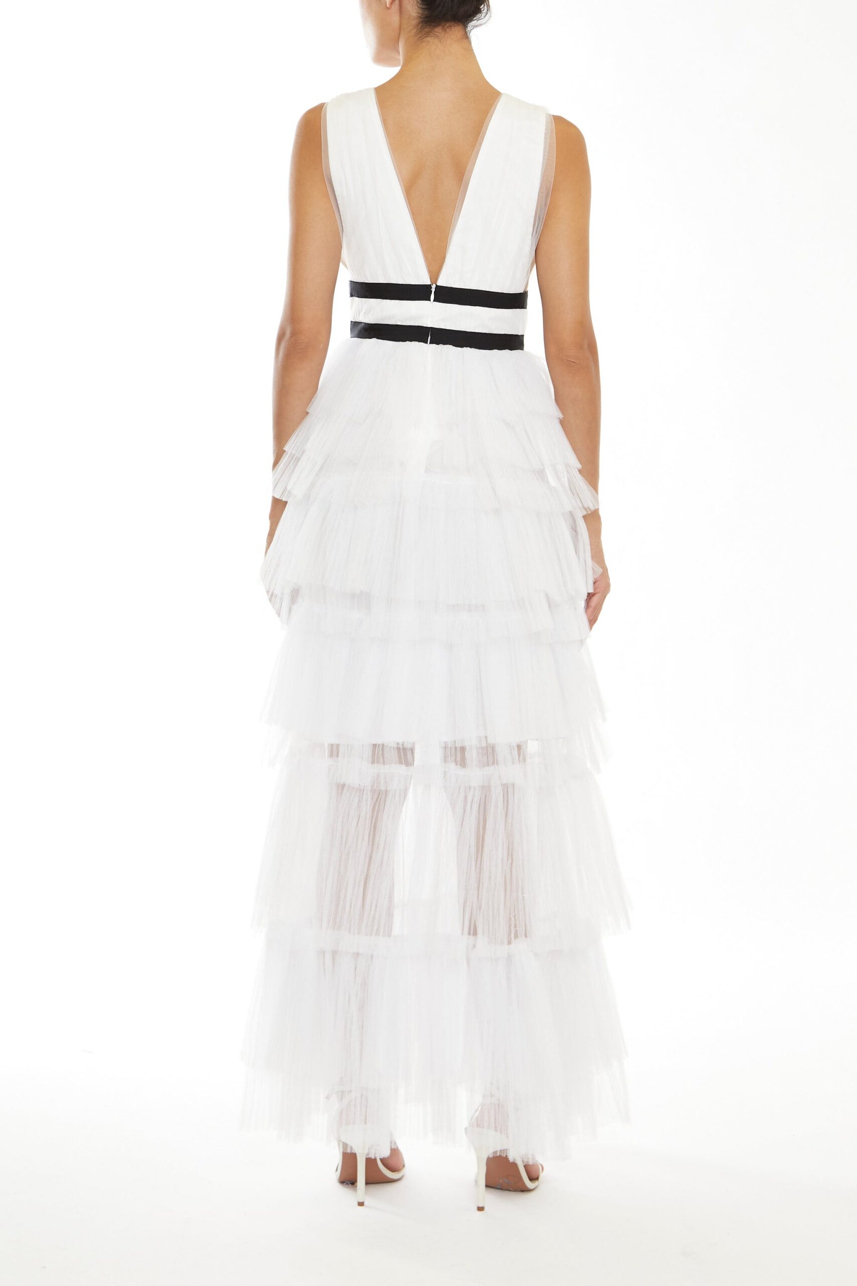 ELIZA WHITE PLUNGING NECK TULLE MAXI DRESS