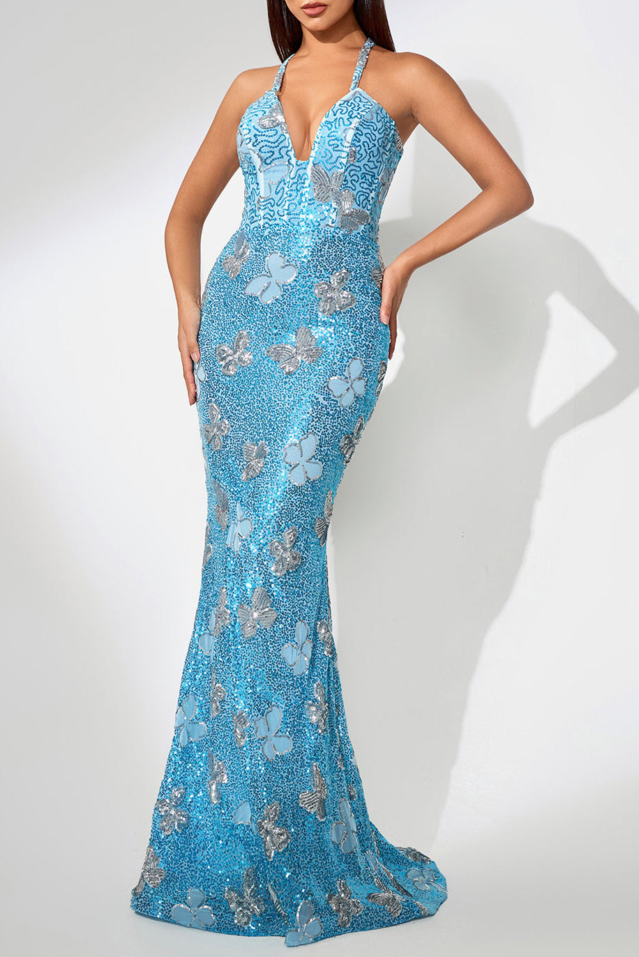 JENNIFER SEQUIN BUTTERFLY MAXI DRESS, BLUE, EVENING
