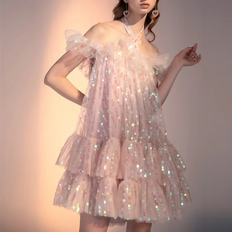 SEQUIN HALTER MINI DRESS IN PINK FOR PARTY
