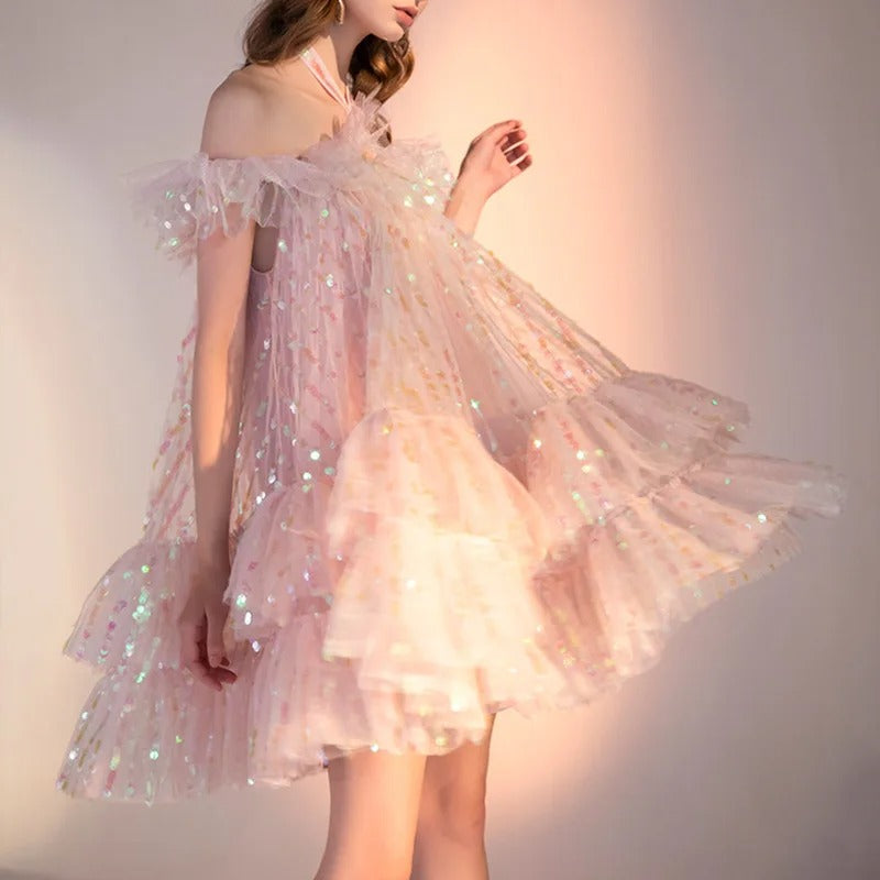 SEQUIN HALTER MINI DRESS IN PINK FOR PARTY
