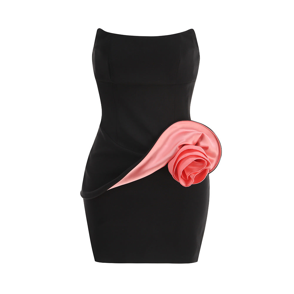 DARLENE STRAPLESS FLORAL MINI BLACK PARTY DRESS