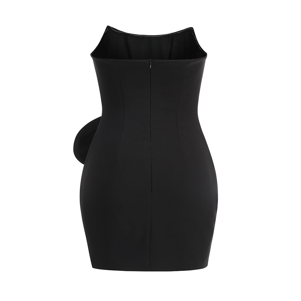 DARLENE STRAPLESS FLORAL MINI BLACK PARTY DRESS